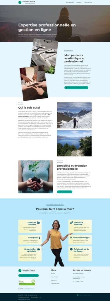 About Page of Sandrine Paunet - online business manager website. The page presents her experience and who she is (in French).