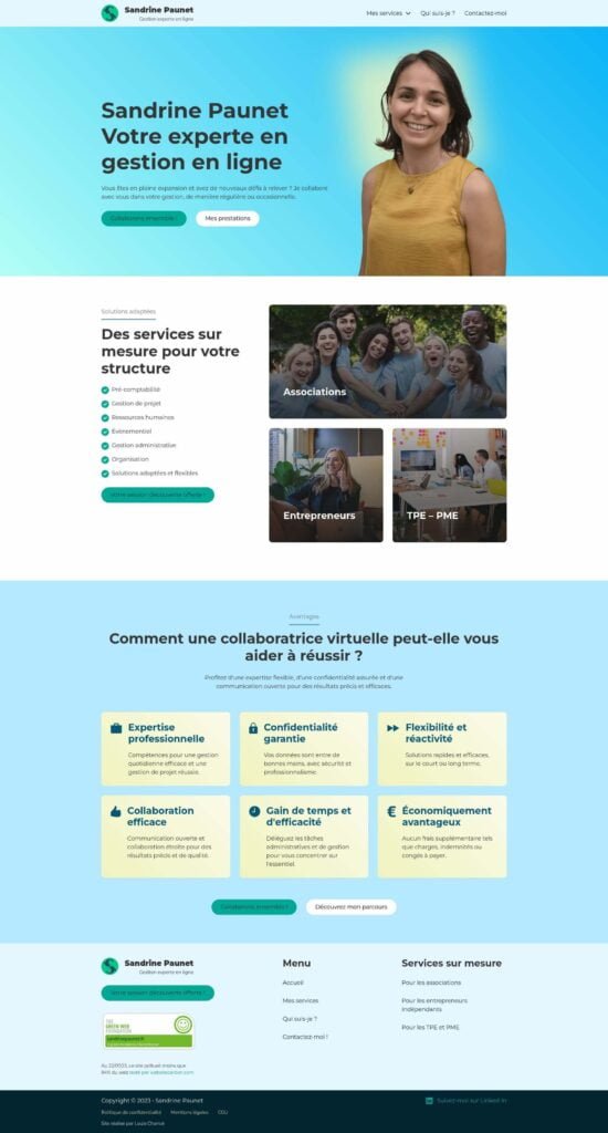 Homepage of the website of Sandrine Paunet, Online Business manager (in French). The Hero section shows a portrait of the entrepreneur, smiling, and the rest of the page quickly presents her services.