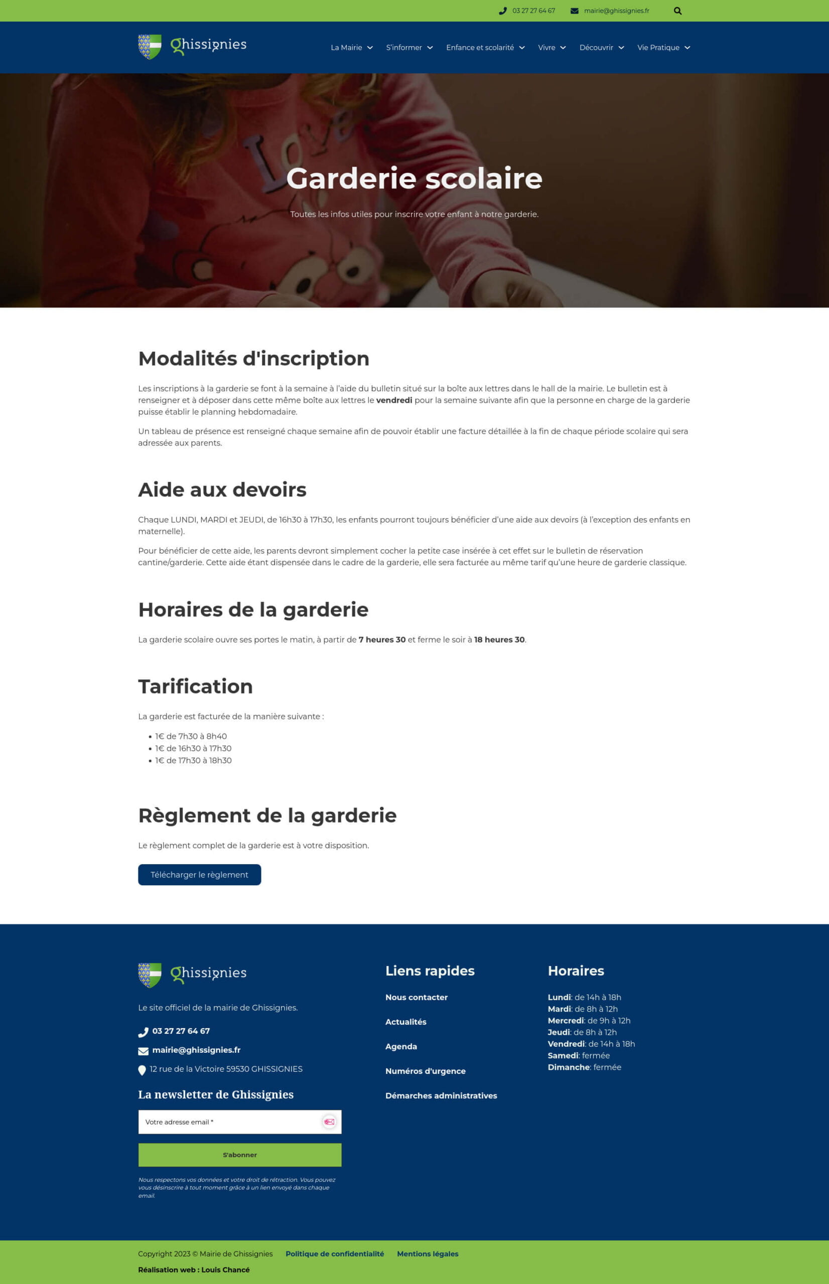 Screenshot of the Garderie scolaire webpage of Ghissignies